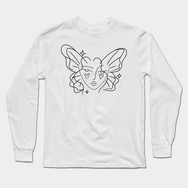 fairy woman fine line drawing hearts stars Long Sleeve T-Shirt by saraholiveira06